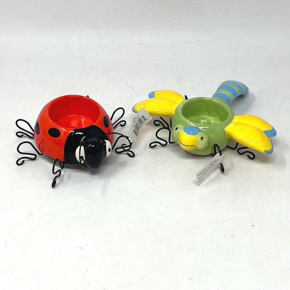 Yankee‎ Candle Ladybug and Dragonfly Tea Light Holder Set Ceramic Metal Legs NEW